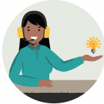 Illustration of a women holding out her hand. A lightbulb floats above her hand. She is wearing headphones with a mic attached.